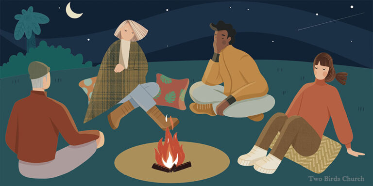 Illustration of a small circle around a fire at night