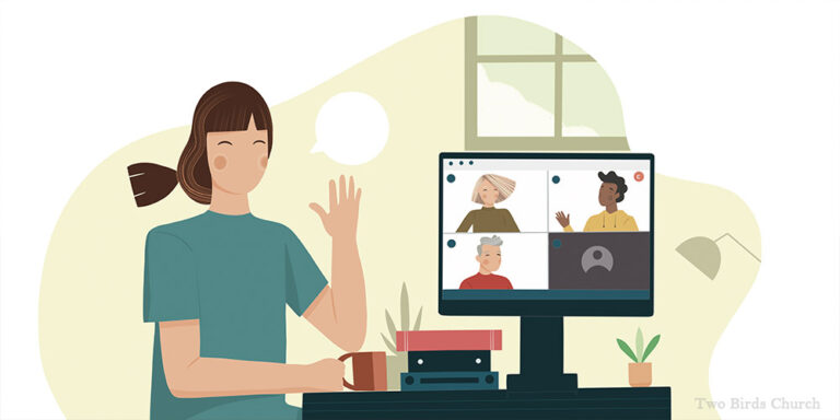 Illustration of someone joining a gathering online