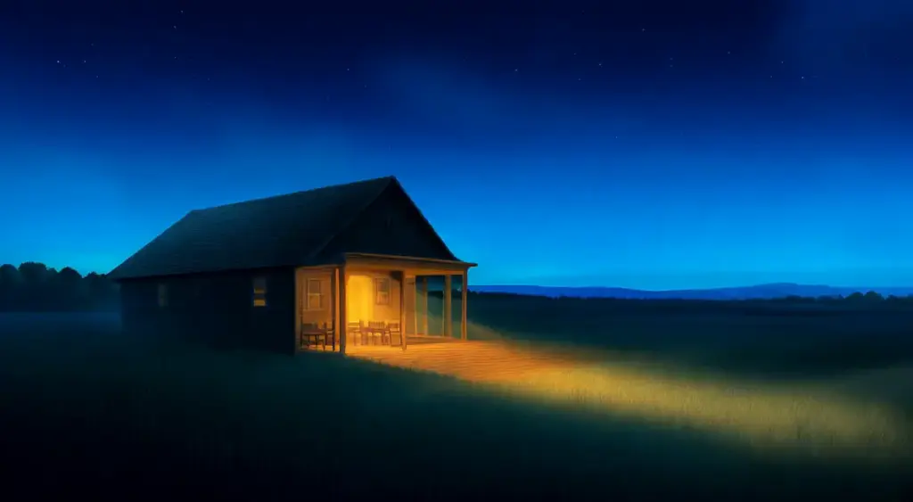A small wooden house in open countryside at dusk, warm light from the porch