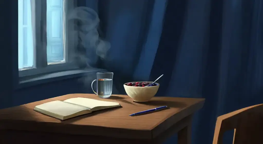 A table by a window with a bowl of oatmeal and berries, a glass of water and an open journal