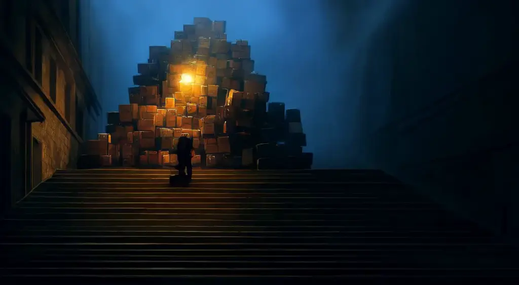 A small figure on a staircase beneath a huge pile of boxes and bags