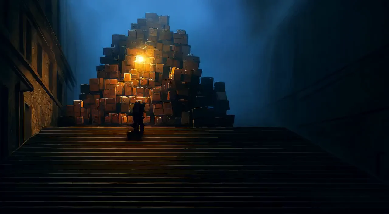 A small figure on a staircase beneath a huge pile of boxes and bags