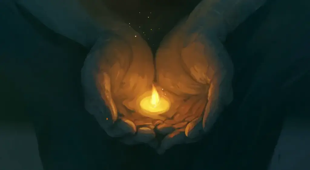 Two cupped hands holding a small glowing flame in the dark