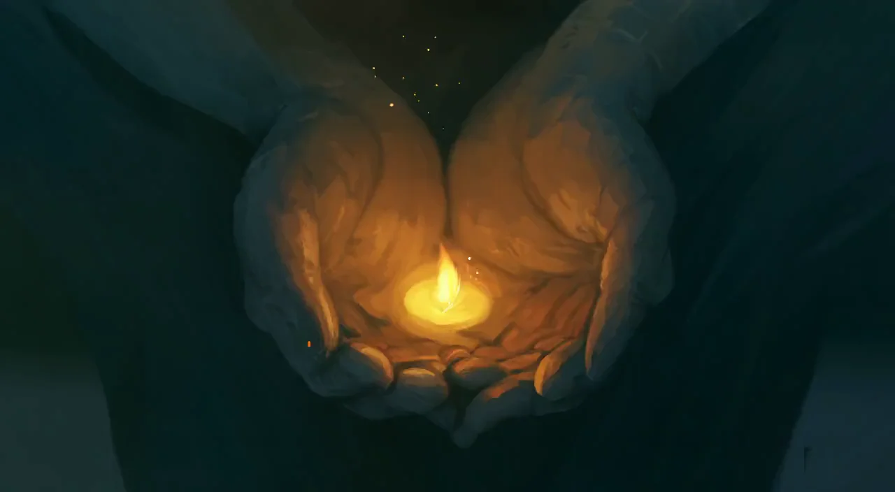 Two cupped hands holding a small glowing flame in the dark