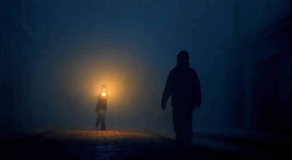 A figure with a lantern on a foggy street, a larger dark figure walking ahead