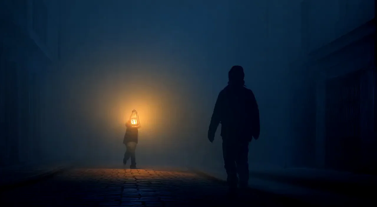 A figure with a lantern on a foggy street, a larger dark figure walking ahead