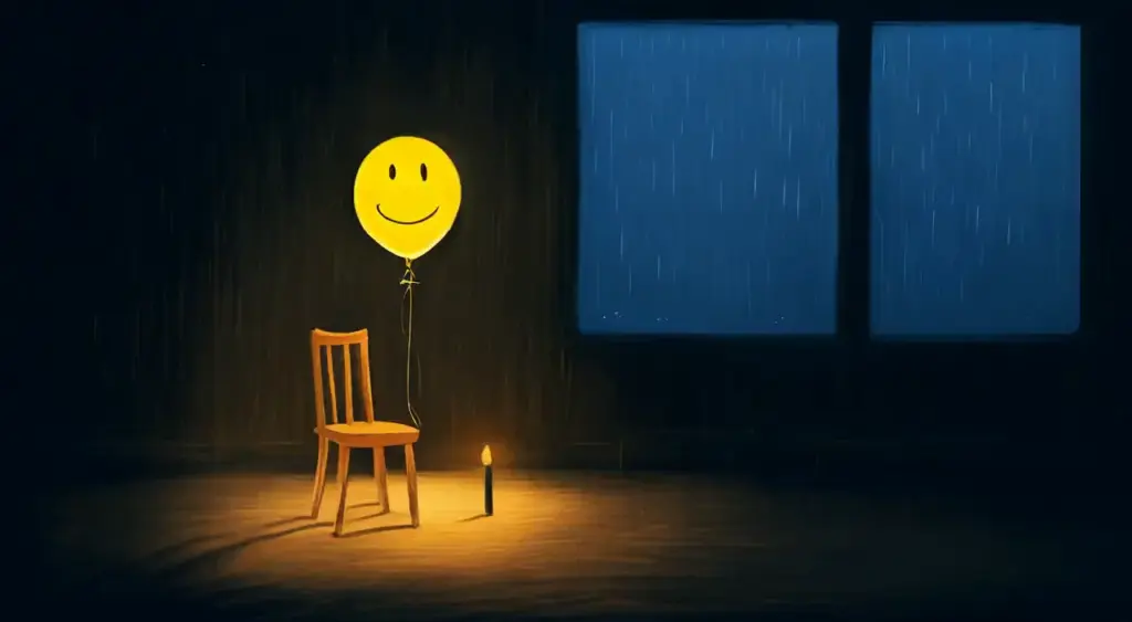 A yellow smiley-face balloon tied to an empty chair in a dim room, rain on the window