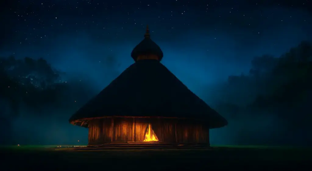 A round thatched wooden house at night, firelight glowing inside