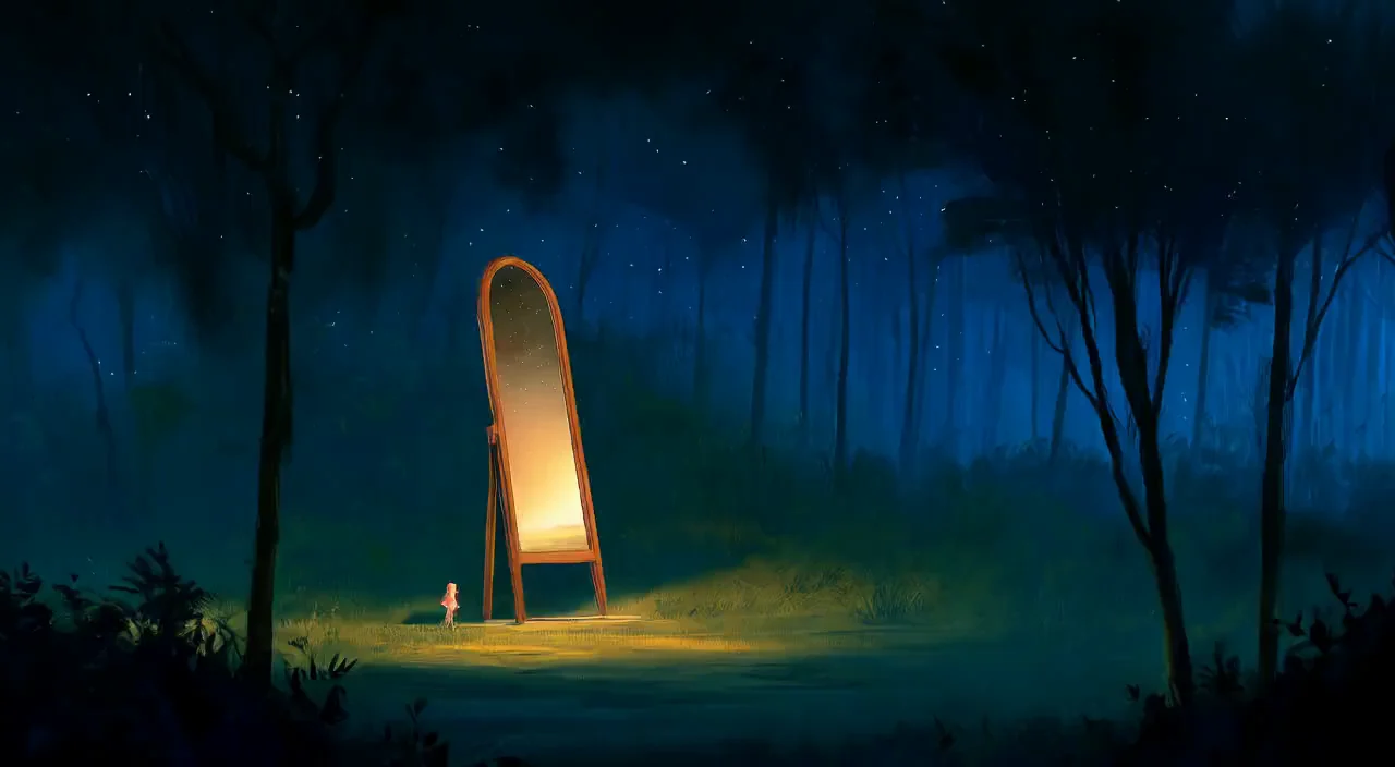 A standing mirror in a dark forest clearing at night