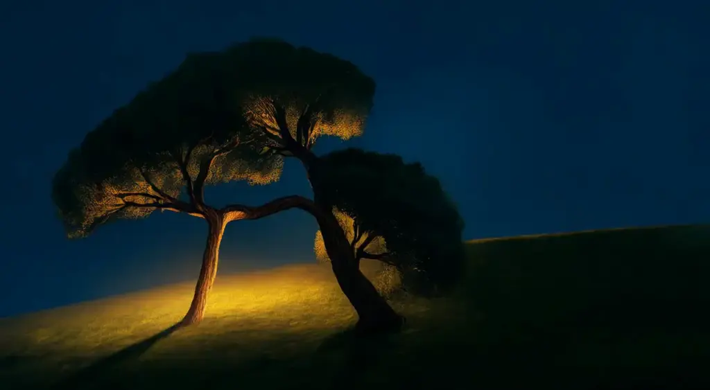 Two trees on a hill at night, one leaning its weight on the other