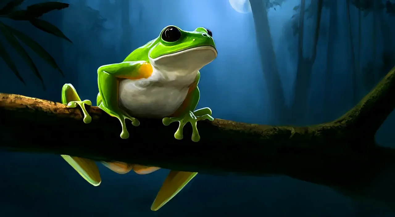 A green Amazonian tree frog on a branch in the rainforest at night